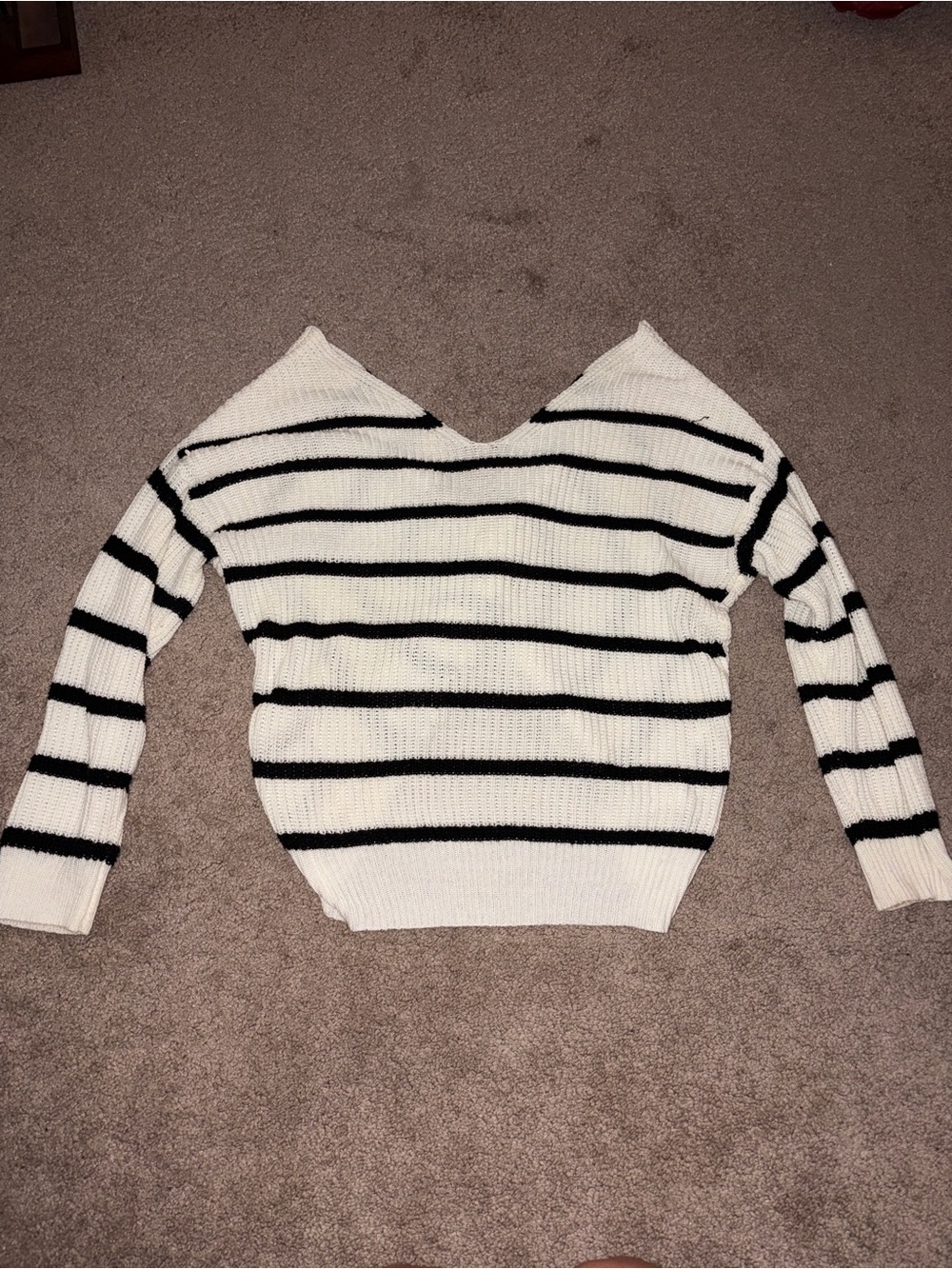 V-Neck Cream Sweater with Black Stripes